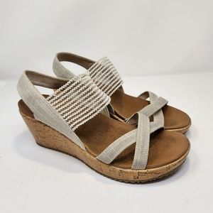 Skechers Beverlee High Tea Cork Wedge Sandals Womens Size 7 Tan Slingback Casual